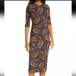 Farm Rio Jersey 3/4 Sleeve Wild Bananas Midi Tropical Print Dress - S/M